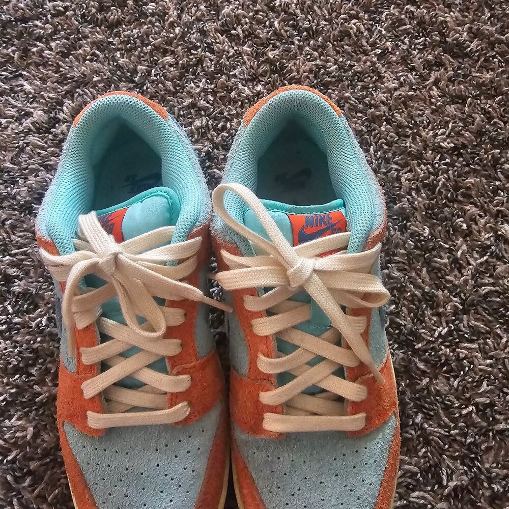 Orange and teal dunk low shoes